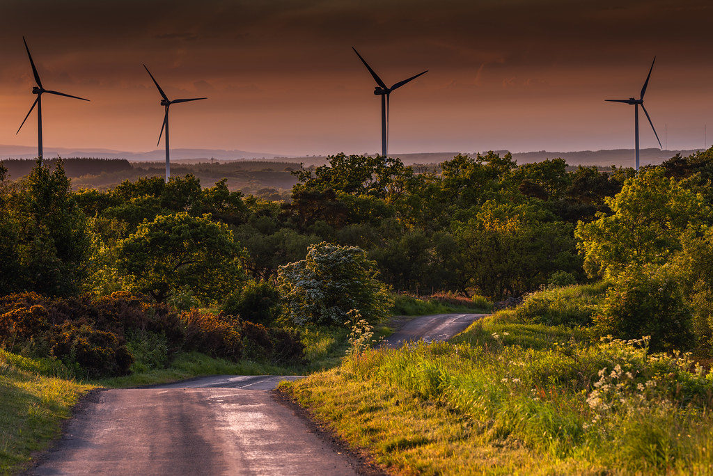 A single-track road leading through moorland towards wind turbines at sunset